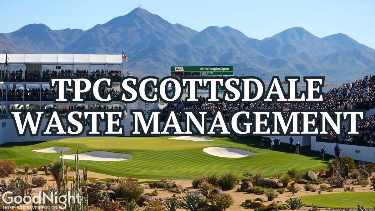 This image captures the excitement of a golf tournament, showcasing a lush green golf course filled with spectators, professional spectator stands, and a stunning mountain backdrop. The setting is energetic and vibrant, perfectly capturing the essence of Scottsdale’s major events and gatherings.