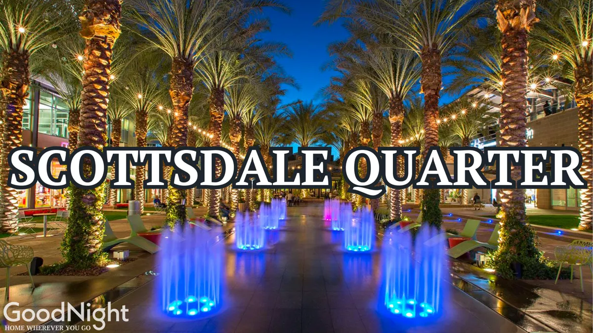 This image captures the energetic ambiance of a bustling shopping, dining, and entertainment district with colorful fountains, palm trees, and modern architecture. It visually evokes the vibrant nightlife and upscale dining referenced in the section, with people strolling and enjoying the lively atmosphere.