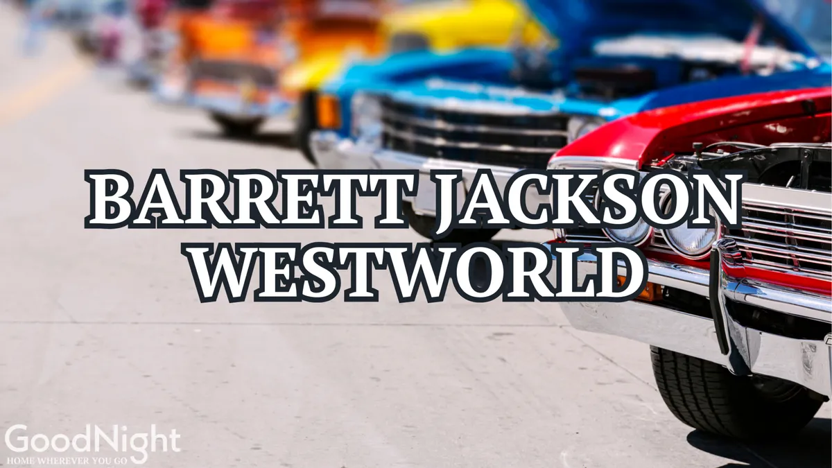 This exterior image displays a lively street scene during a classic car show, with rows of colorful vintage cars and people mingling. The mood is energetic and nostalgic, evoking the community spirit of large-scale events like Barrett Jackson.